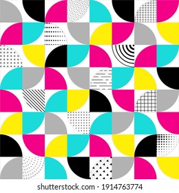 3D bauhaus geometric seamless pattern. Fashion color wallpaper. Abstract сolored background. Repeated modern geometric style. Repeating circle shapes. Swatch graphics elements. Design print. Vector