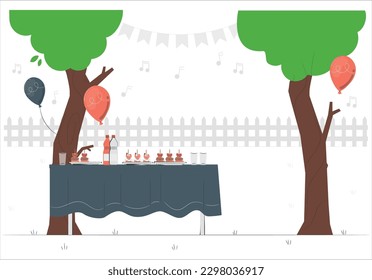 3d Bbq, food and drinks garden party in backyard, served table and chairs, umbrella. Vector fruits and vegetables, wine and beer, meat on skewer and hamburger. Green grass and fence, trees