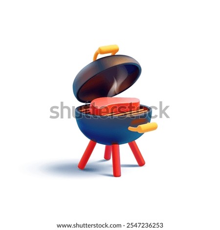 3D BBQ Grill with steak, meat, and smoke on a white background. Realistic icon for picnic, summer, and outdoor recreation concepts. Barbecue party. Vector illustration.
