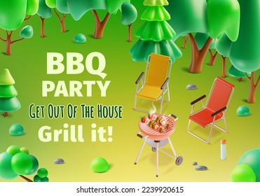 3d Bbq Party Ads Banner Concept Poster Card Plasticine Cartoon Style . Vector illustration of Grilled Kebab or Barbecue