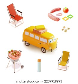 3d Bbq Party Concept Plasticine Cartoon Style Include of Travel Van, Folding Camping Chair and Food. Vector illustration