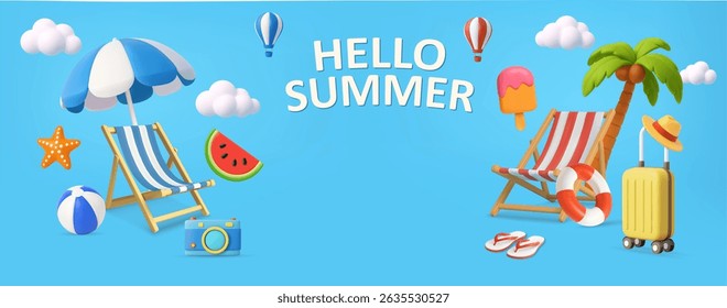 3D beach chairs, umbrella, suitcase, watermelon, ice cream, balloons, and Hello Summer text on blue background. Summer poster or banner template.