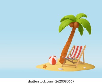 3D beach palm ,chair and ball, summer theme object, with white and red color. Summer holiday, Time to travel concept. 3d rendering. Vector illustration