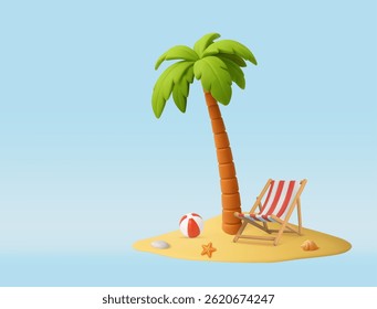 3D beach palm ,chair and ball, summer theme object, with white and red color. Summer holiday, Time to travel concept. 3d rendering. Vector illustration