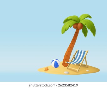 3D beach palm ,chair and ball, summer theme object, with white and red color. Summer holiday, Time to travel concept. 3d rendering. Vector illustration