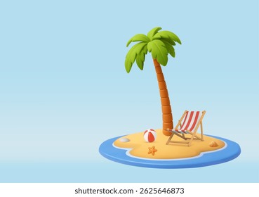3D beach palm ,chair and ball, summer theme object, with white and red color. Summer holiday, Time to travel concept. 3d rendering. Vector illustration