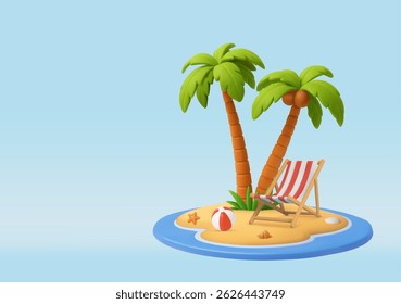 3D beach palm ,chair and ball, summer theme object, with white and red color. Summer holiday, Time to travel concept. 3d rendering. Vector illustration