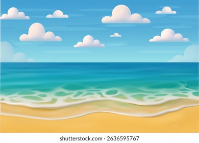 3D beach scene with waves, turquoise ocean, sandy shore, and fluffy white clouds in blue sky. Sea beach landscape. Cartoon summer sunny day. 3d rendering. Vector illustration