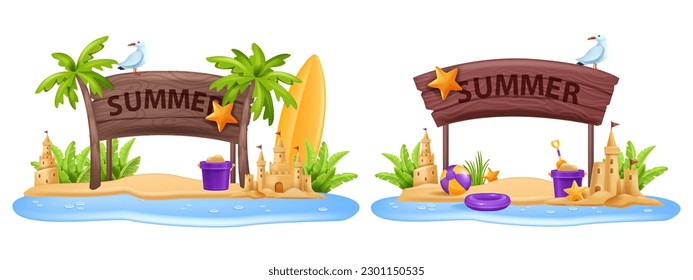 Juego de anuncios de playa en 3D, tablero de vacaciones de verano marco vectorial de viaje, pez estrella exótico, castillo de arena. Cartel de madera, palmera, el concepto de costa de las vacaciones de surf en el océano tropical. Gaviota de señas de playa