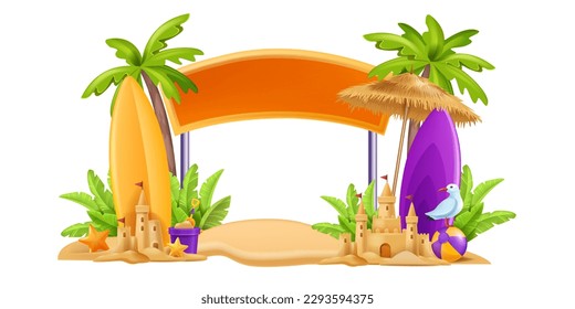 3D beach sign post, summer board, vector vacation travel frame, exotic palm tree, sand castle, gull. Tropical ocean copy space billboard, surfboard, sun umbrella, holiday coast concept. Beach sign 