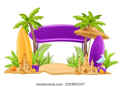 3D beach sign post, vector summer board, vacation travel frame, exotic palm tree, sand castle, gull. Tropical ocean copy space billboard, surfboard, sun umbrella, holiday coast concept. Beach sign 
