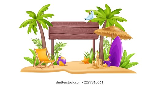 3D beach sign post, vector summer board vacation travel frame, exotic palm tree, sand castle, gull. Tropical ocean copy space wood billboard, surfboard, sun umbrella holiday coast concept. Beach sign 