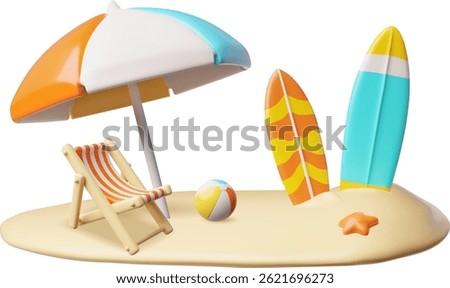 3D beach with surfboards, umbrellas, lounge chair and ball. Beach vacation on the coast. Travel and entertainment theme. Cartoon style. Isolated background. Vector illustration.