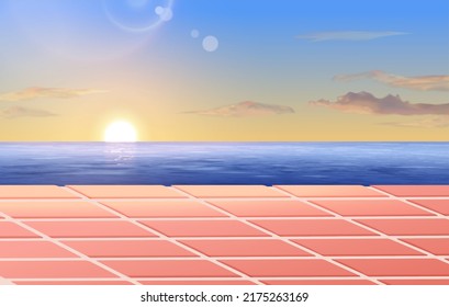 3d beach terrace paved with red tiles at beautiful sunset. Background design for summer product display.