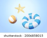 3d beach toy elements isolated on light blue background, including swimming ring, beach ball and sea star.