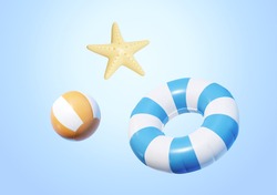 3d Beach Toy Elements Isolated On Light Blue Background, Including Swimming Ring, Beach Ball And Sea Star.