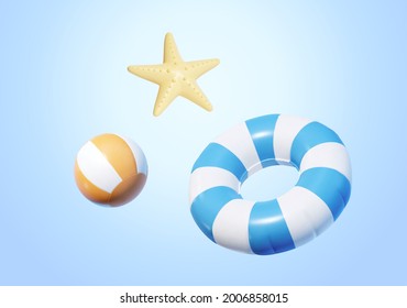 3d beach toy elements isolated on light blue background, including swimming ring, beach ball and sea star.