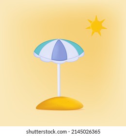 3d beach umbrella icon. Summer banner, yellow hot sand on island, coast, tropical climate, vacation season. Beach element for protection from the sun. Shore, trendy, cool umbrella, vector illustration