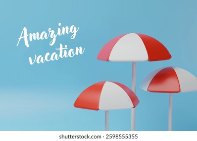 3d beach umbrellas poster. Three-dimensional vector summer illustration. Tropical resort holiday or vacation. Sun parasol on the sea or ocean. Exotic travel to island in comfortable hotel