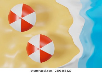 3d beach umbrellas poster with waves. Three-dimensional vector summer illustration. Tropical resort holiday or vacation. Sun parasol on the sea or ocean. Exotic travel to island in comfortable hotel