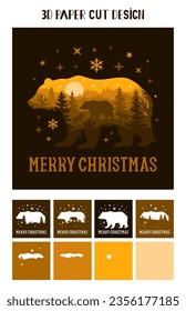 3D Bear Christmas shadow box. Vector layered tunnel card. Merry Christmas multilayer paper cut design. Template for paper cutting. Christmas light box.