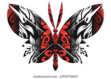 3D Schöner Schmetterling, Vektordesign mit ästhetischem Batik, ethnisch-DAYAK-Kunstmuster 