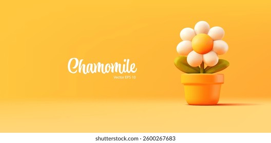 3D beautiful chamomile in a pot with leaves on a bright orange background. Modern banner for advertising concepts. Nature, botanical, home, medical, natural. Vector illustration.