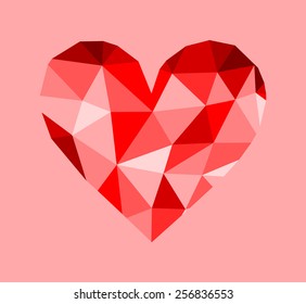 3d beautiful diamond heart shape in many shades of red color, realistic design of shiny luxury heart gem. symbol of love, passion and romance. vector art image illustration, isolated on red background
