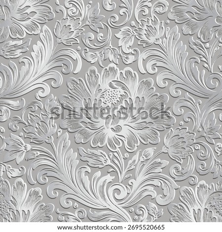 3d beautiful embossed silver damask seamless pattern. Vector baroque background with luxury emboss relief vintage flowers and ornamental swirls in a white and gray 3D surface endless texture.