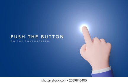 3d beautiful hand presses the forefinger on the touchscreen. The button on the touchscreen is illuminated when pressed with a finger. Vector illustration