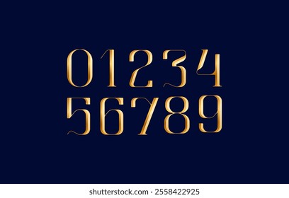 3d beautiful numbers serif font, elegant golden classic perfect numerals set 0, 1, 2, 3, 4, 5, 6, 7, 8, 9, vector illustration 10.