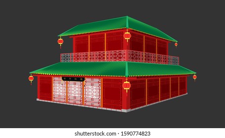 3d beautiful red china house minimal style.happy chinese new year. Xin Nian Kual Le characters for CNY festival.holiday category.