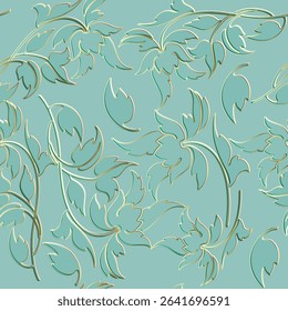 3d beautiful seamless emboss style floral pattern of elegant leaves with a golden effect on a muted green background, ideal for fabric and wallpaper design. Luxury elegance leafy endless texture.