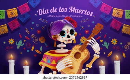 3D beautiful skeleton playing guitar on purple background with Day of the Dead decorations.