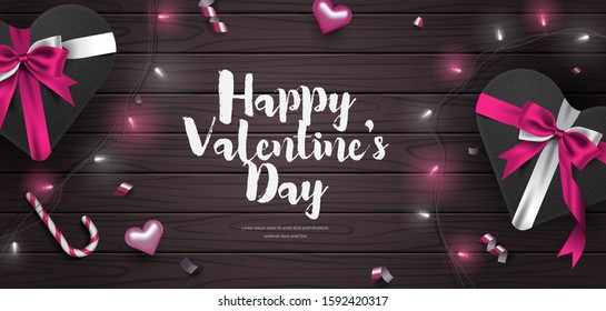 3d beautiful valentine's day horizontal banner illustration with gift box, hearts, confetti and glowing string lights on wood background vector template