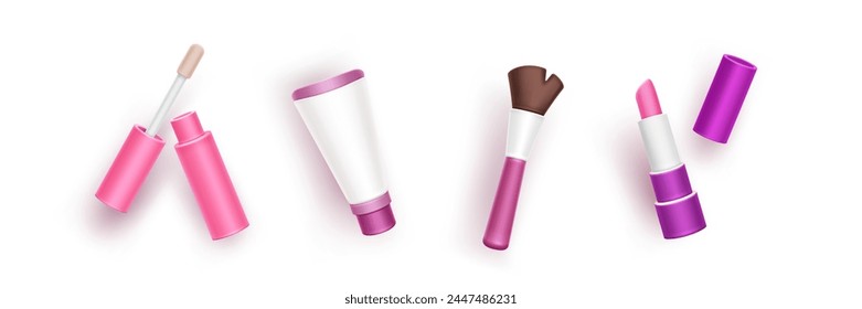 3d beauty cosmetic and makeup product vector icon. Lipstick, face skincare cream, brush and foundation salon element drawing png set. Personal render morning female facial hygiene pink graphic