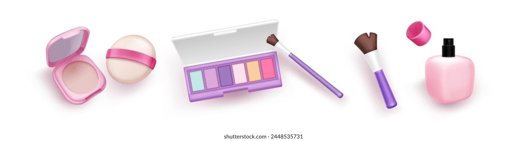 3d beauty and cosmetic makeup product vector icon. Cream bottle, brush, perfume and powder for face png pack. Render female personal eyeshadow packaging element and sponge isolated on white background