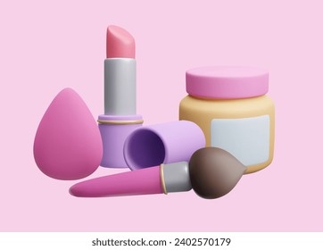 Escena publicitaria cosmética de maquillaje de belleza 3D muestra ilustración vectorial. Cosmética decorativa con estilo de dibujos animados: pintalabios, tarro de crema facial hidratante, escobilla de maquillaje de belleza vectorial 3D renderizado.