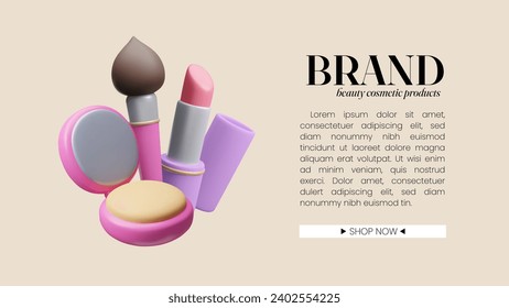 plantilla de fondo del sitio web de cosméticos de maquillaje de belleza 3D. Coloridos productos cosméticos decorativos estilo caricatura 3D de la escena publicitaria muestra la burla. Polvo compacto, cepillo de maquillaje y raspador de labios 3D.