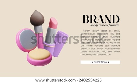 3D beauty makeup cosmetics website background template. Colorful decorative cosmetic products 3D cartoon style advertising scene showcase mockup. Compact powder, makeup brush and lipstick 3D render.