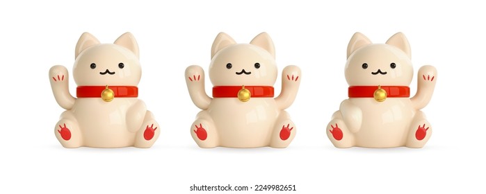 3d beckoning maneki neko. Set of lucky cat icons with raised paws. Symbol of wealth, good luck, luck. Isolated element of Asian design. Cartoon vector illustration. svg