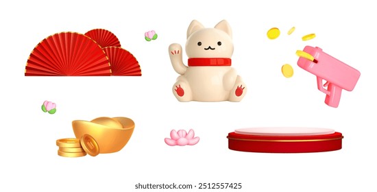 3d beckoning maneki neko. Set of lucky cat icons with raised paws. Symbol of wealth, good luck, luck. Isolated element of Asian design. Cartoon vector illustration.