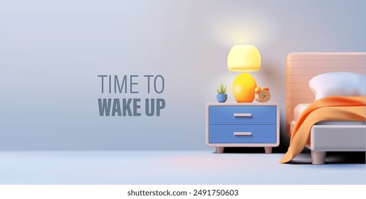 3D bedroom interior, bed, nightstand, alarm clock, plant. Modern design for concepts, time to wake up, plan a routine, time to act. For homes, apartments, rental housing. Vector