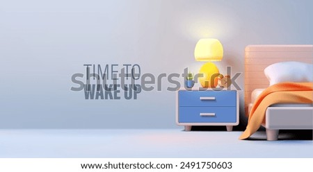 3D bedroom interior, bed, nightstand, alarm clock, plant. Modern design for concepts, time to wake up, plan a routine, time to act. For homes, apartments, rental housing. Vector