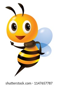 Caricatura adorable personaje de abeja apuntando con el dedo. Ilustración de vectores aislada