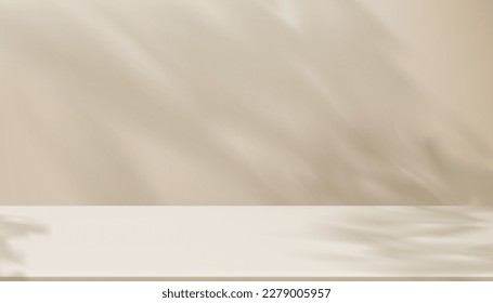 3d Pantalla de fondo beige con hojas de sombra sobre la pared de cemento  Luz suave transparente para las hojas de ramas Concepto de presentación de productos cosméticos orgánicos Venta Tienda en línea en primavera Verano