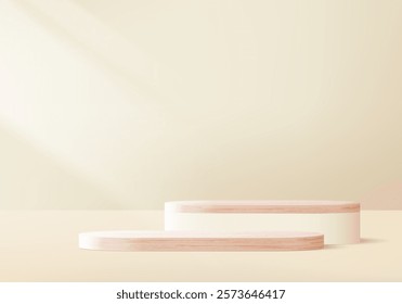 3d beige background display wood podium scene with shadow platform. beige flooring simplicity and spotlight stadium. stand to show cosmetic product award. 3d stage vector render illustration