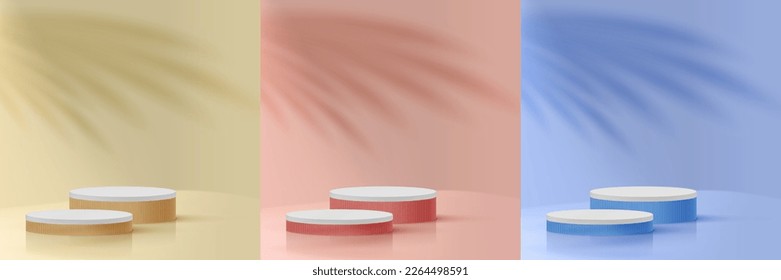 3D Beige, Blue And Red Cylinder Podium In Clear Room. EPS10 Vector