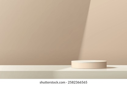 3D beige cream round podium background on white desk table. Abstract composition in minimalist design. Studio display showroom cosmetic stand product pedestal, Fashion stage showcase mockup wall scene