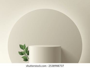 3D beige cylindrical podium background with round backdrop and green leaf. Minimalist mockup pedestal, Abstract cosmetic product display presentation, Stage showcase. Platforms vector geometric design